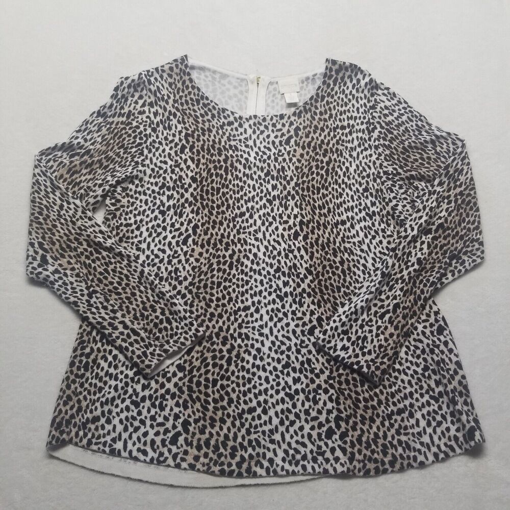 Chicos 1 Medium Knit Top Cheetah Print Long Sleeve Back Zip Mob Wife Timeless